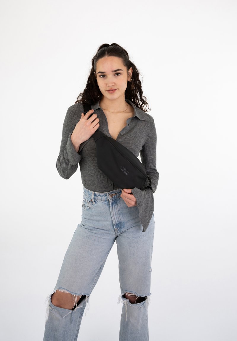 Black nylon fanny pack with adjustable strap. Features a smooth texture and sleek design, positioned against a plain white background.