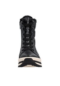 Schwarze Leder-Hochschnitt-Sneaker mit Fellfutter, Schnürdesign und einer dicken, strukturierten Gummisohle mit Lichtelementen.