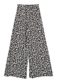 Pantaloni larghi neri con una stampa leopardata bianca; presentano una vita elasticizzata e una texture di tessuto soffice.