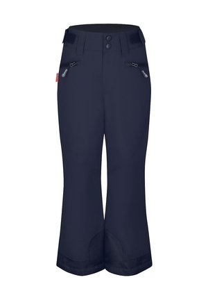 Navy blue snow pants featuring a wide leg design, elastic waistband, two zippered side pockets, and reinforced lower hems for durability.