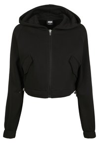 Felpa nera a maniche lunghe con zip anteriore, realizzata in tessuto morbido. Presenta due tasche angolate e un cappuccio regolabile con cordino e polsini elasticizzati.