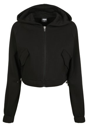 Black cropped hoodie made of soft fabric, featuring a front zipper, two angled pockets, and a drawstring hood with elastic cuffs.