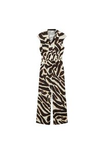 Jumpsuit sa smeškom i krem uzorkom na prugice, sa kratkim rukavima, ovratnikom, elastičnim strukom i širokim nogavicama.