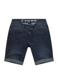 Pantaloni di jeans corti in blu scuro, con chiusura a bottone, cinque tasche e risvolti. Tessuto con una texture liscia e leggermente sbiadita.