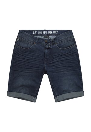 Dunkelblaue Jeansshorts mit Knopfverschluss, fünf Taschen und aufgerollten Säumen. Der Stoff hat eine glatte Textur mit leichter Ausbleichung.
