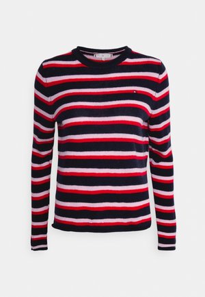 Pull en maille à manches longues avec rayures horizontales bleu marine, rouge et rose clair, doté d'un col rond et d'un petit logo sur la poitrine.