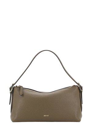 Small olive green textured leather handbag with a short strap, top zipper, gold-tone buckle details, and a small gold logo on the front.