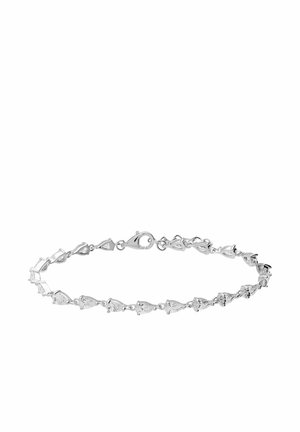 Silver bracelet with linked teardrop-shaped settings, each holding a small clear gemstone, secured with a lobster clasp.