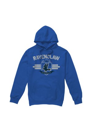 Blauer Hoodie mit Kordeln mit einem Ravenclaw-Wappen und dem Schriftzug „RAVENCLAW“ ober- und unterhalb des Emblems.