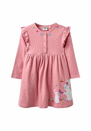 Rosa Langarmkleid mit einem knopfverzierten Hals, gerafften Schultern, Pünktchen, gestickten Hasen und Blumenmustern am Saum.