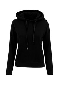 Black hoodie made of cotton blend fabric. Features a large hood, adjustable drawstrings, ribbed cuffs, and a relaxed fit.