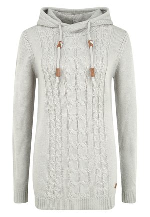 Ljust grå stickad huvtröja med en texturerad kabeldesign, snören med läderdetaljer samt ribbade muddar och nederkant.