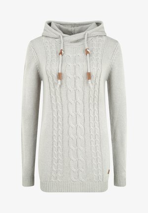 Lys grå strikket hettegenser med teksturert kabeldesign, snor med lærdetaljer, og ribbestrikkede ermer og nederkant.