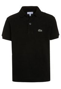 Svart polo shirt i texturerat tyg, med en tvåknapps placket och en grön Lacoste-logotyp på vänster bröst. Korta ärmar.