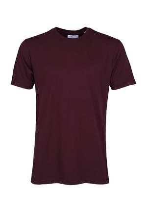 T-shirt uni bordeaux foncé à manches courtes avec col rond, sans logos ni motifs visibles sur fond blanc.