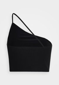 Top cropped preto, elástico, com uma alça, apresentando um design ajustado e uma textura suave. Sem padrões ou acessórios visíveis.