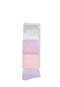 Quattro paia di calzini a costine in grigio, bianco e lavanda, con il testo "JUST" in rosa contrastante. Confezionati con un'etichetta rosa chiaro.