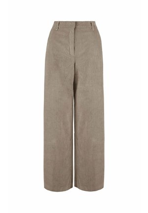 Bruine wijde broek van gestructureerde corduroy stof, met een traditionele tailleband en voorplooien voor extra structuur.