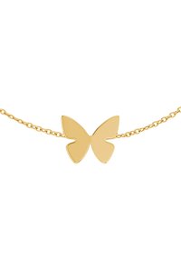 Collar con colgante de mariposa de oro con una superficie lisa y pulida, sujeto a una delicada cadena con pequeños eslabones.
