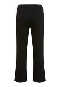 Zwarte denim flare broeken met achterzakken en riemlussen. Kenmerkt zich door een gladde textuur en versterkte stiksels langs de naden.