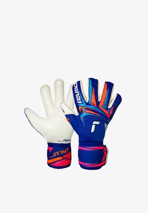 Paire de gants de gardien Reusch bleus et blancs avec des accents orange et rose, montrant les côtés paume et dos de la main.