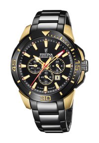 Črno-zlata Festina Chrono Bike ura z okroglo številčnico, tremi podštevilčnicami, luminescentnimi kazalci ur in jeklenim zapestjem.
