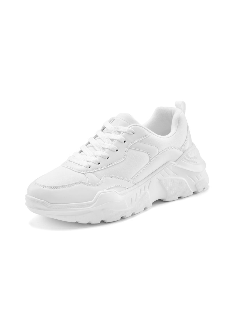 White sneakers with a chunky sole, featuring a smooth synthetic upper, stitched detailing, and lace-up design. Textured accents on the sides.