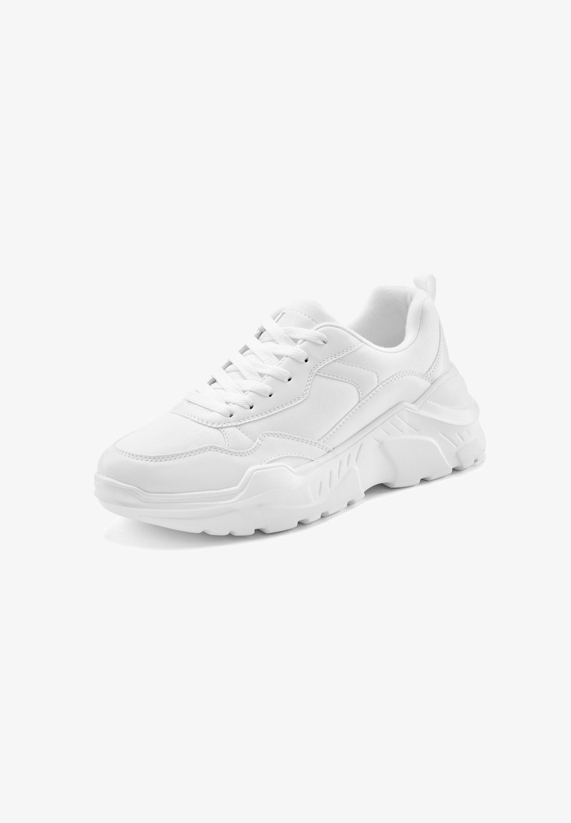 White sneakers with a chunky sole, featuring a smooth synthetic upper, stitched detailing, and lace-up design. Textured accents on the sides.