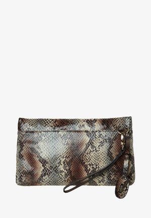 Kleine Handtasche im braunen und beigen Schlangenprint, mit glatter Oberfläche, Handgelenkriemen und goldenen Hardware-Akzenten am Reißverschluss.