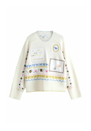 Biely pletený sveter s viacfarebnou výšivkou obsahujúcou abecedu, číslice, kvetinové vzory a ozdobné vrecko. Okrúhly výstrih a rebrované manžety.