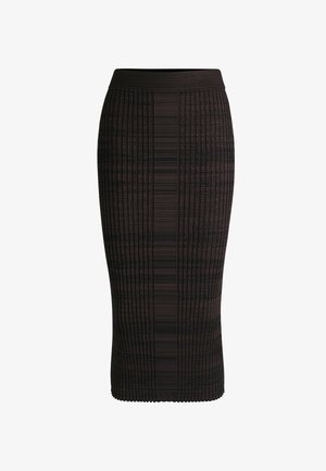 Gonna a matita a coste scure con una vita alta, caratterizzata da righe verticali e una finitura testurizzata, che arriva sotto il ginocchio.