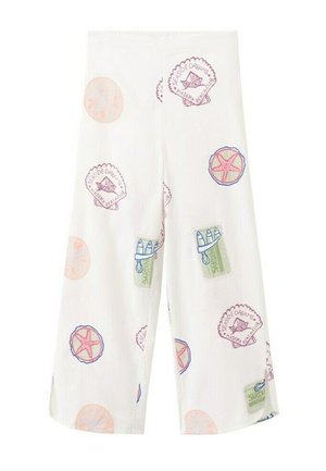Pantalon large blanc avec des imprimés colorés sur le thème du bord de mer, comprenant étoiles de mer, dollars des sables, sardines et coquillages avec le texte "Seaside Dreams".