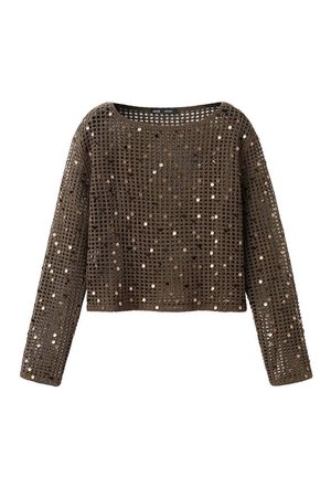Jersey marrón de punto abierto, de manga larga, con cuello redondo y lentejuelas brillantes dispersas por todos lados.