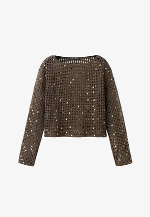 Jersey marrón de punto abierto, de manga larga, con cuello redondo y lentejuelas brillantes dispersas por todos lados.
