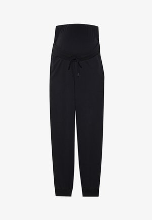 Sorte joggebukser for gravide i svart, laget av myk stoff, med elastisk livlinning, snøring i midjen og innsnørte mansjetter ved anklene.