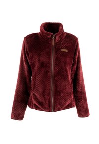 Chaqueta de forro polar burdeos con cuello alto, cierre de cremallera y patrón texturizado en toda su superficie. Presenta un detalle de cuero cerca de la cremallera.