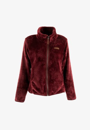 Veste en polaire bordeaux avec un col haut, fermeture éclair et motif texturé sur l'ensemble. Comprend un accent en cuir près de la fermeture éclair.