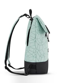 Green geometric-patterned backpack with black bottom, adjustable straps, and a flap closure; made of durable fabric, featuring zip pockets.