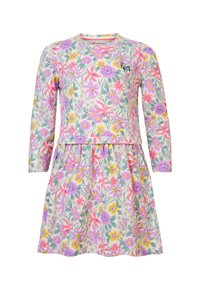 Robe à motif floral avec des manches longues, un col rond et une jupe froncée. Présente des nuances de rose, violet, jaune et vert sur un fond crème.