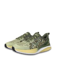 Green and yellow running shoes with a knitted upper, textured finish, and black rubber sole; features lace-up design and logo accent.