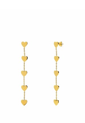 Oorbellen in goudkleur met vijf verbonden hartjes, verbonden door kleine kettingsegmenten, met stekerluiting op witte achtergrond.