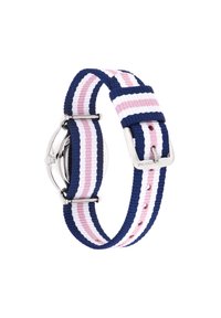 Marineblaues, rosa und weiß gestreiftes Stoff-Uhrenarmband mit silbernem Metallzubehör. Verfügt über eine klassische Schnalle und eine strukturierte Webart.