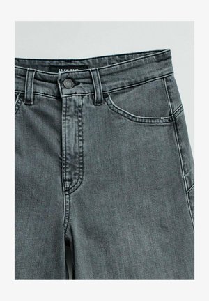 Jean en denim gris avec bouton à l'avant, braguette zippée, passants pour ceinture et poches avant, étiquette "Salsa Jeans" à l'intérieur de la ceinture.