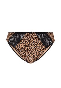 Bas de bikini imprimé léopard avec des accents de dentelle noire, présentant un élément de design contrastant et une finition douce et texturée.