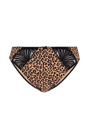 Bas de bikini imprimé léopard avec des accents de dentelle noire, présentant un élément de design contrastant et une finition douce et texturée.