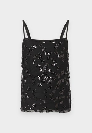 Črna majica s tankimi naramnicami, okrašena z različnimi velikostmi črnih in srebrnih bleščic, ki tvorijo razpršen vzorec po tkanini.