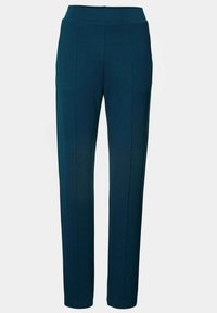 Teal, aansluitende broek van een gladde stof, met rechte pijpen en een hoge tailleband. Heeft voornaadstiksels voor een nette uitstraling.