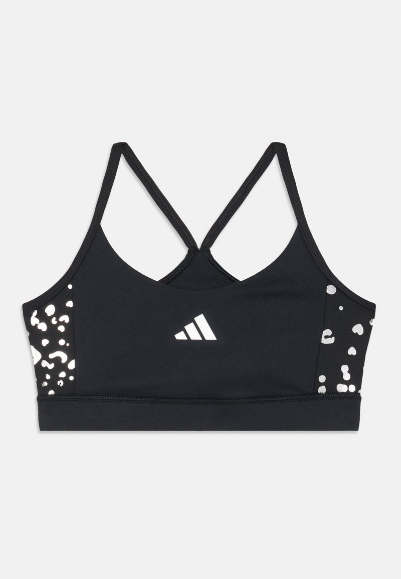 Musta urheiluliivi, jossa on säädettävä racerback-muotoilu. Sisältää hopeisia leopardikuvioisia yksityiskohtia ja valkoisen Adidas-logon edessä. Sujuva pinta.