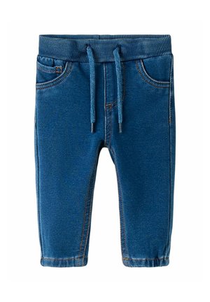 Pantaloni in denim blu con vita rigata, coulisse e due tasche frontali. Presentano cuciture a contrasto e un design aderente.