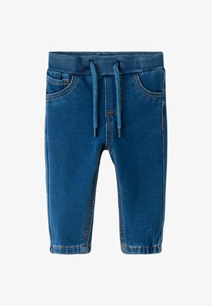 Zilās denim bikses ar ribotu jostasvietu, auklu un divām priekšējām kabatām. Ar kontrastējošiem vīljiem un pieguļošu dizainu.